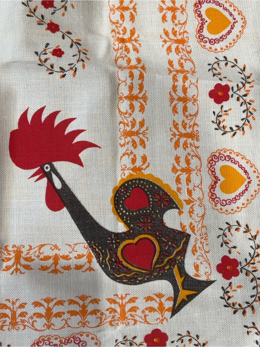 Vintage Rooster Print Kitchen table cloth in Red, Orange, Yellow, Black 56x56